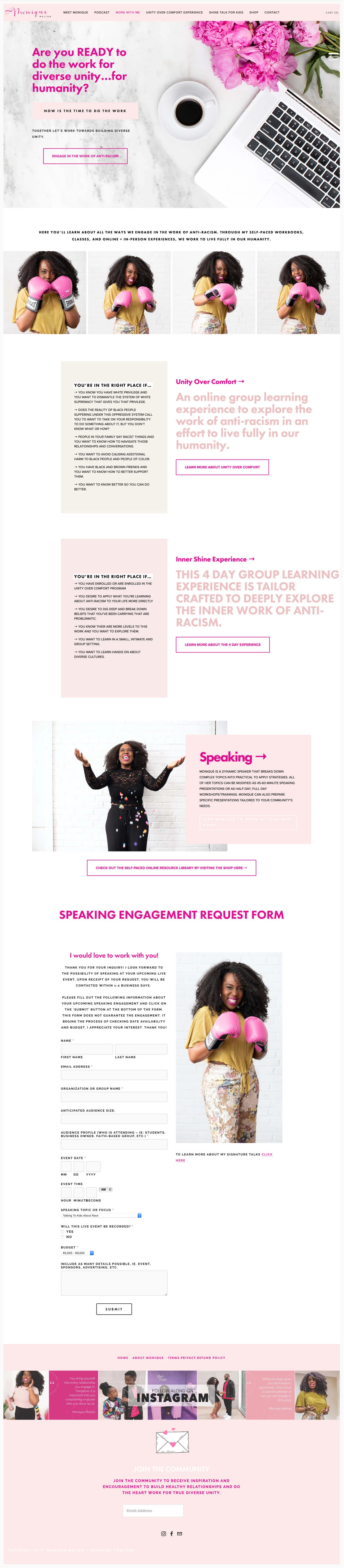 Monique Melton services web page example light pink and white branding colors