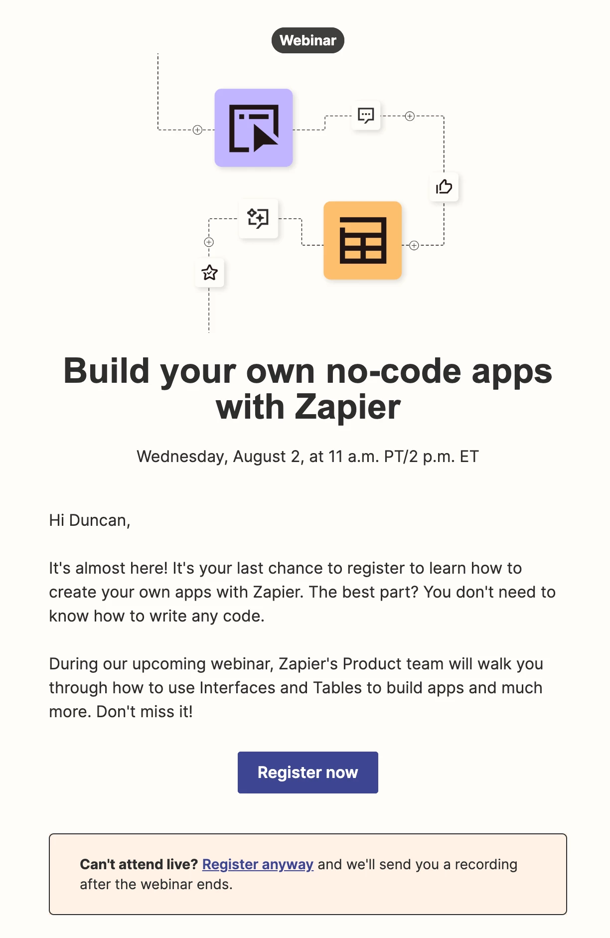 Zapier email promoting a webinar