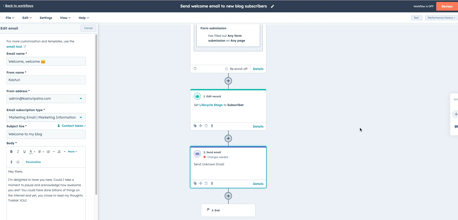 Welcome email workflow on HubSpot