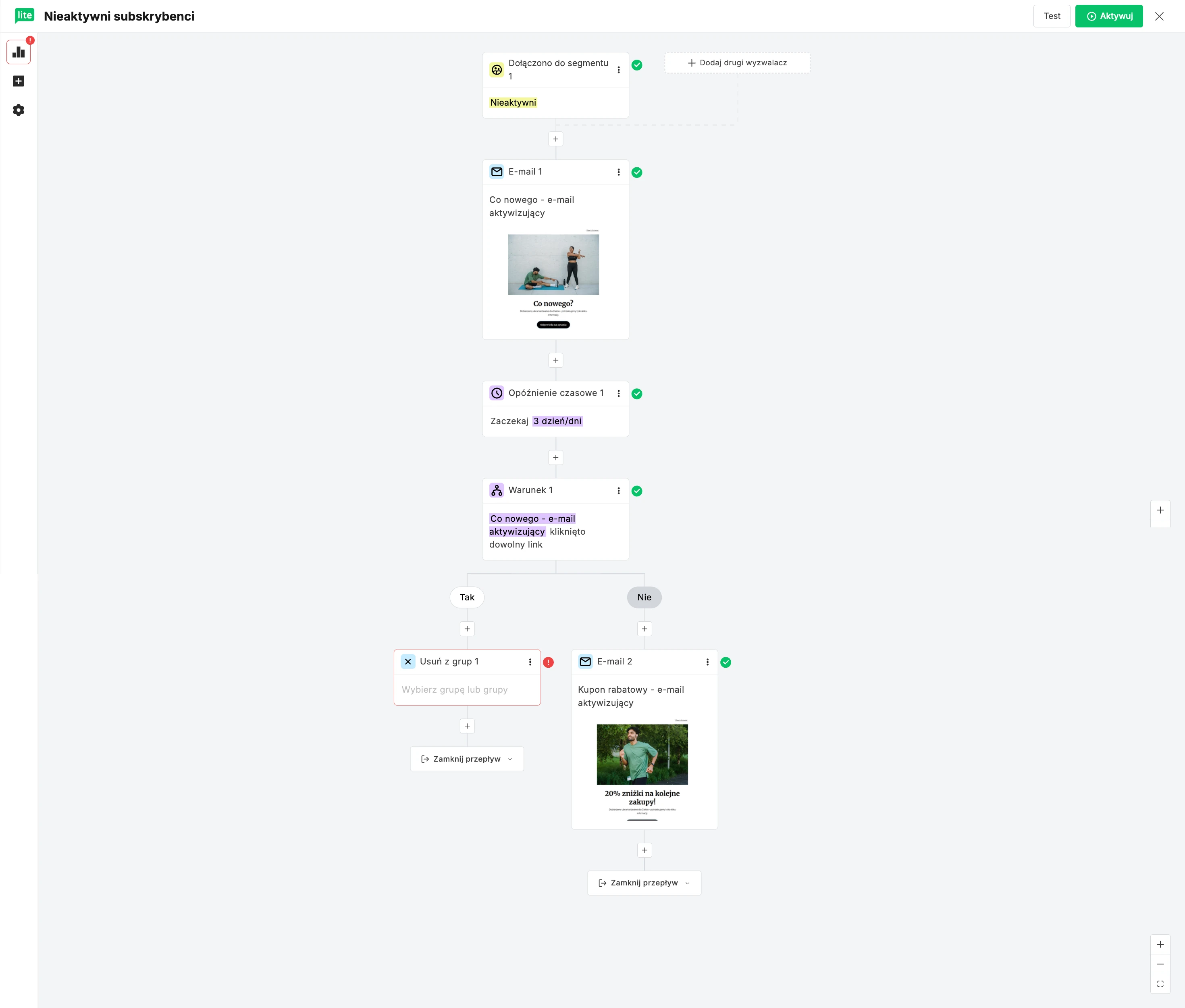 Pierwsza część automatyzacji kampanii aktywizującej.