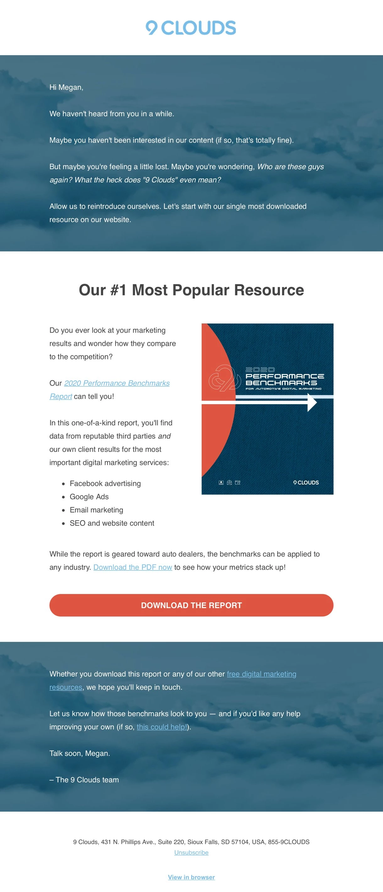 9 Clouds follow-up re-engagement email campaign example - download report