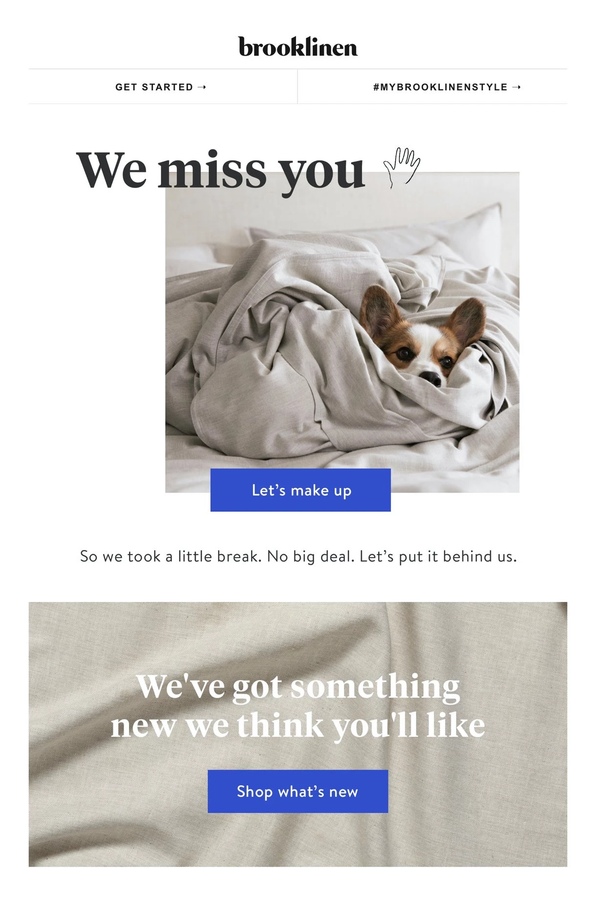 Brooklinen re-engagement email campaign example we miss you with cute dog