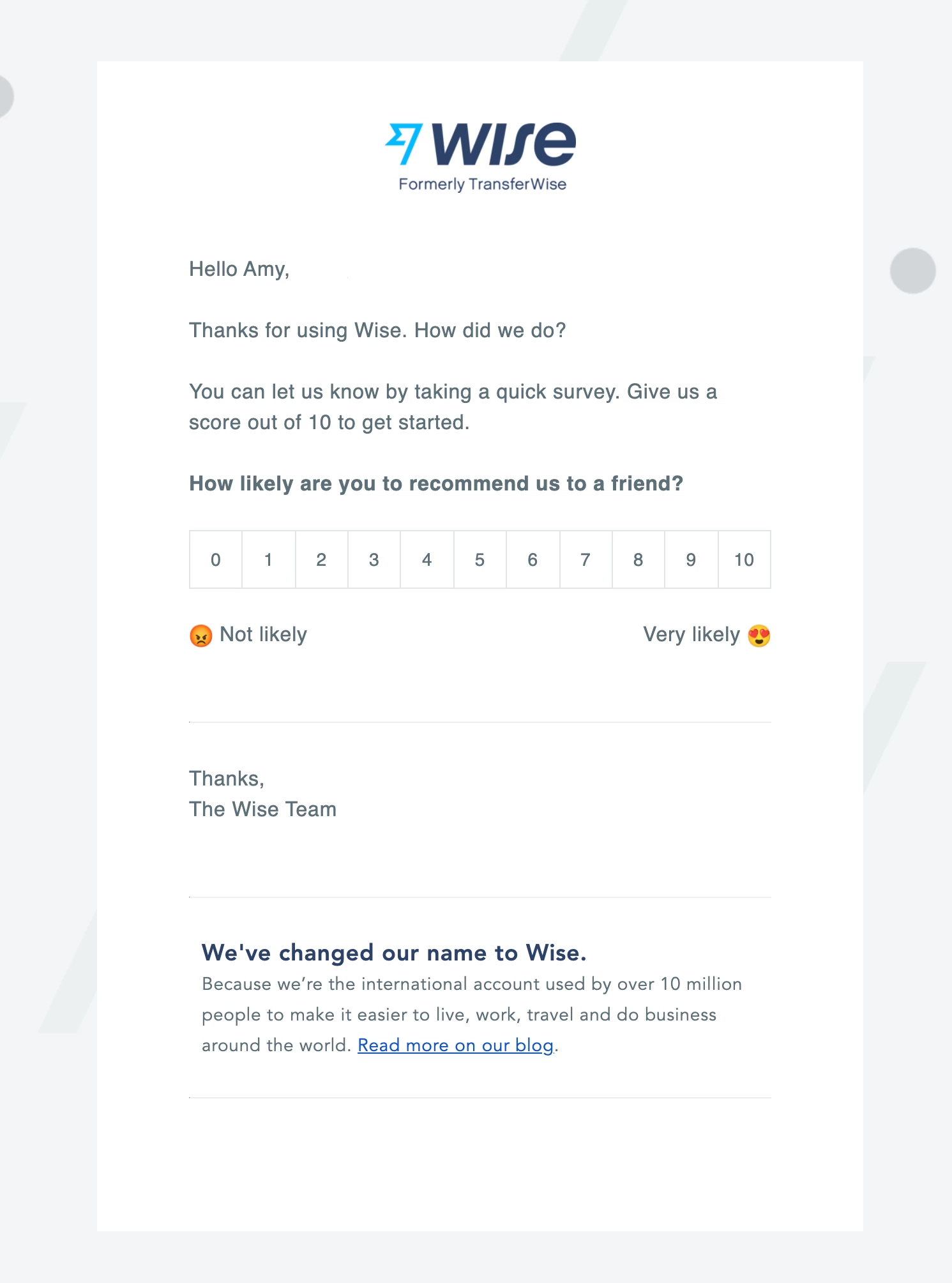 Wise interactive email example with NPS feedback scale