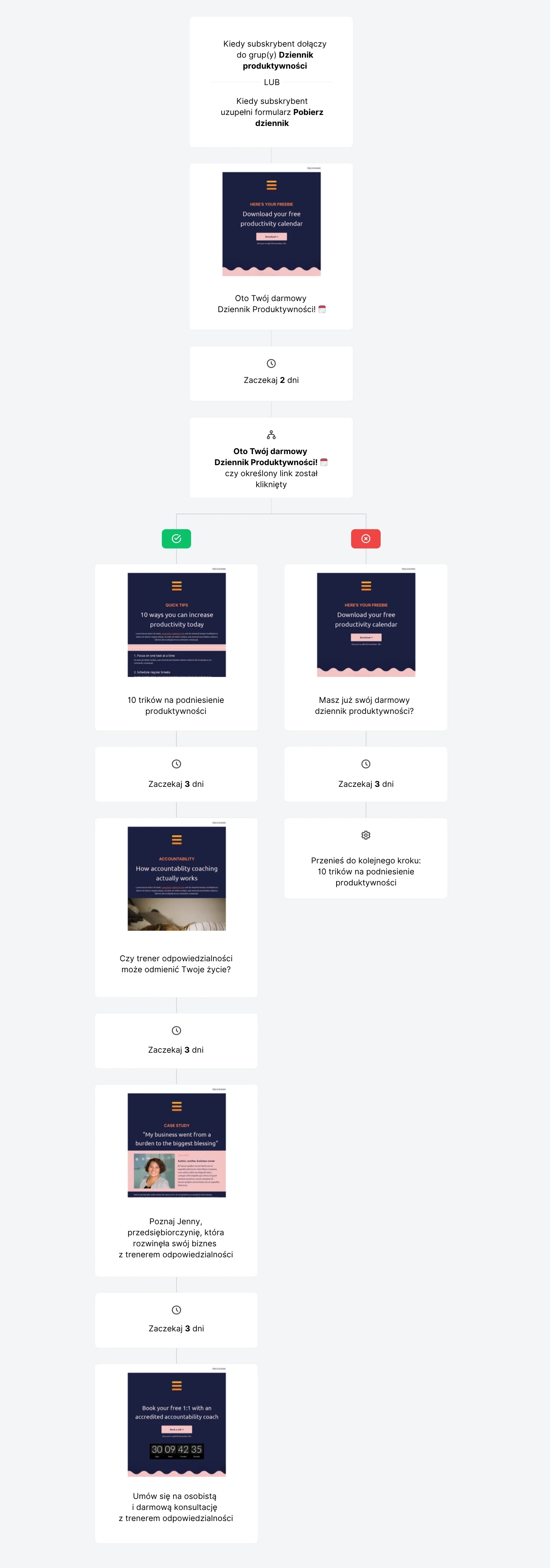 Screenshot pokazujący sekwencję lead magnet w MailerLite