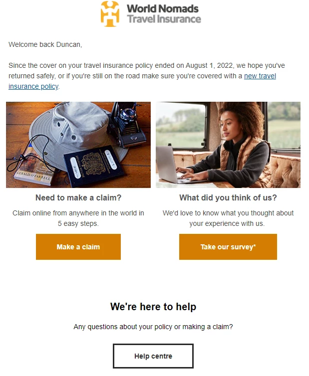 World Nomads survey email example on a white background with orange buttons