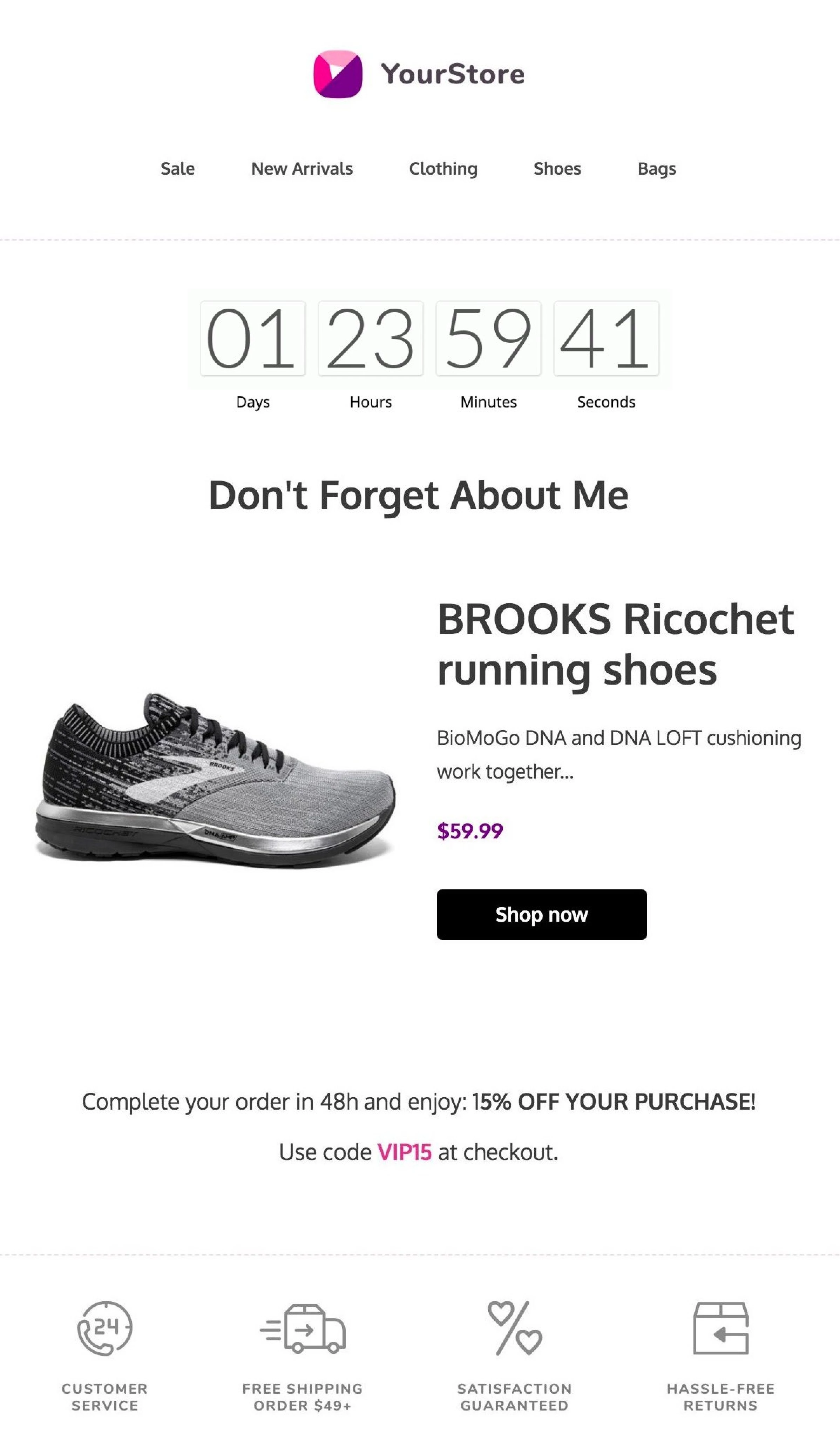 Abandoned shopping cart email example with countdown timer