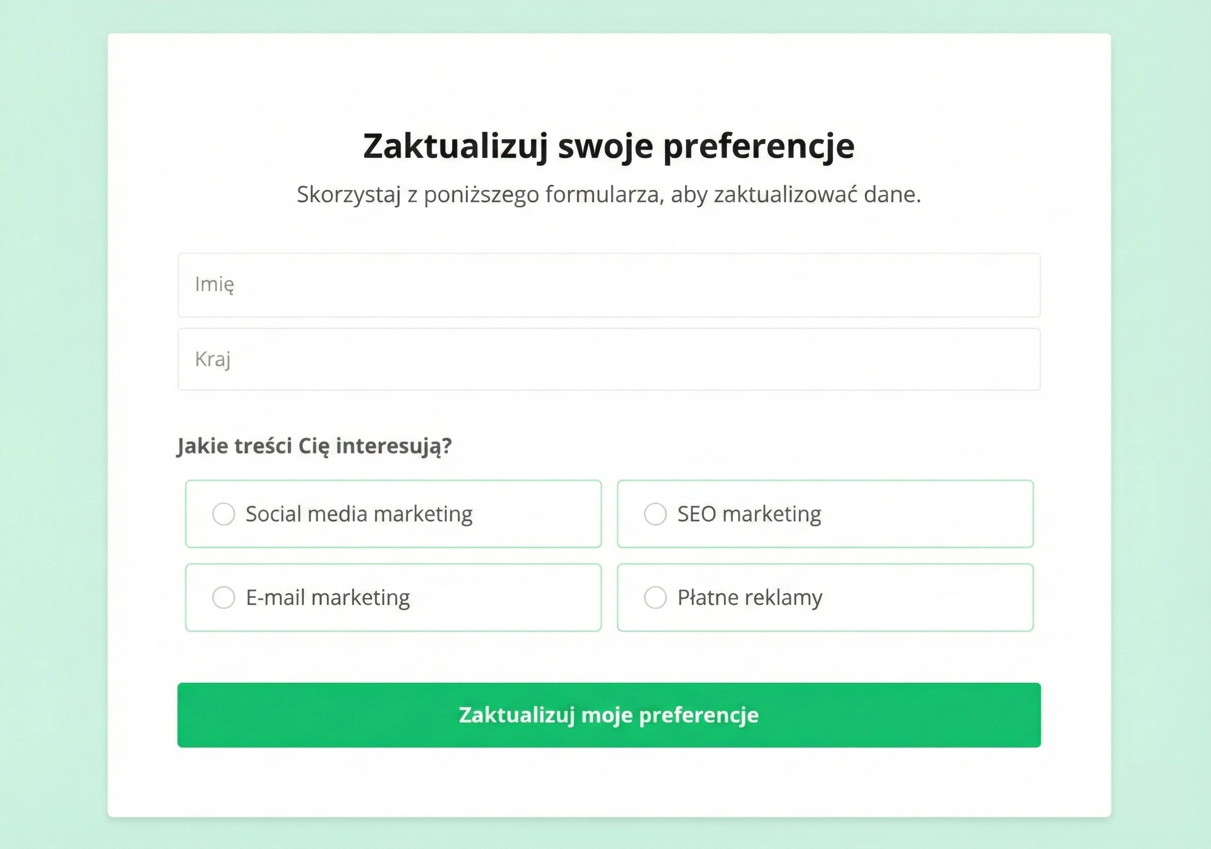 Screenshot centrum preferencji MailerLite