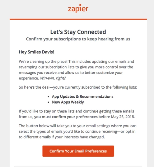 Example of a re-engagement email from Zapier