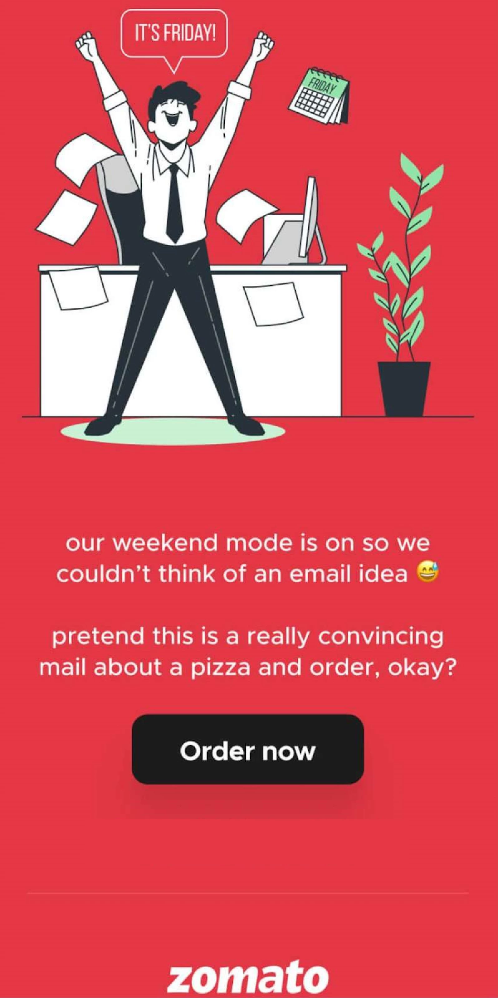 zomato red background newsletter funny promotional email example order now