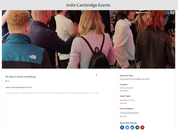 Speaker at event 'All About Email Marketing' for members of Cambridge Indies, for small businesses in Cambridge, UK
