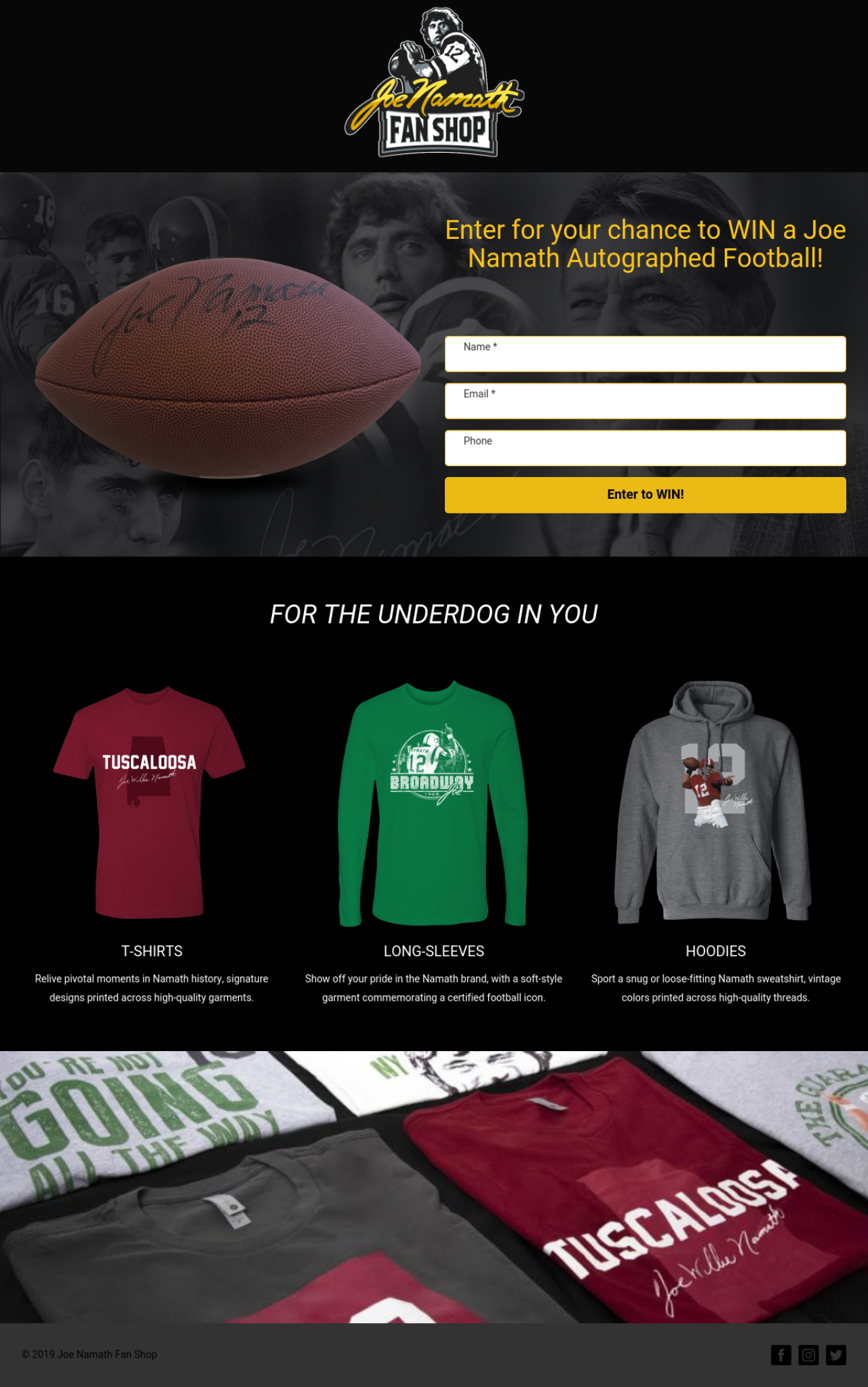 Joe Namath Fan Shop example - Made with MailerLite