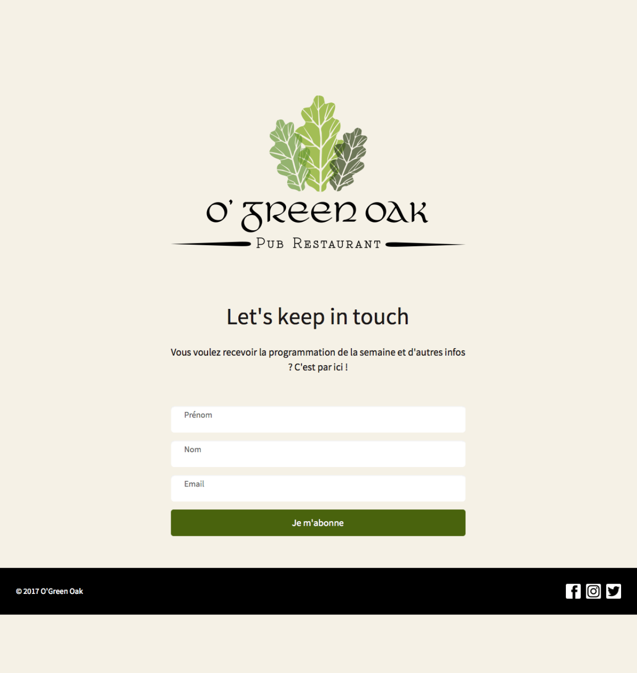 O'Green Oak Pub Restaurant example - Made with MailerLite
