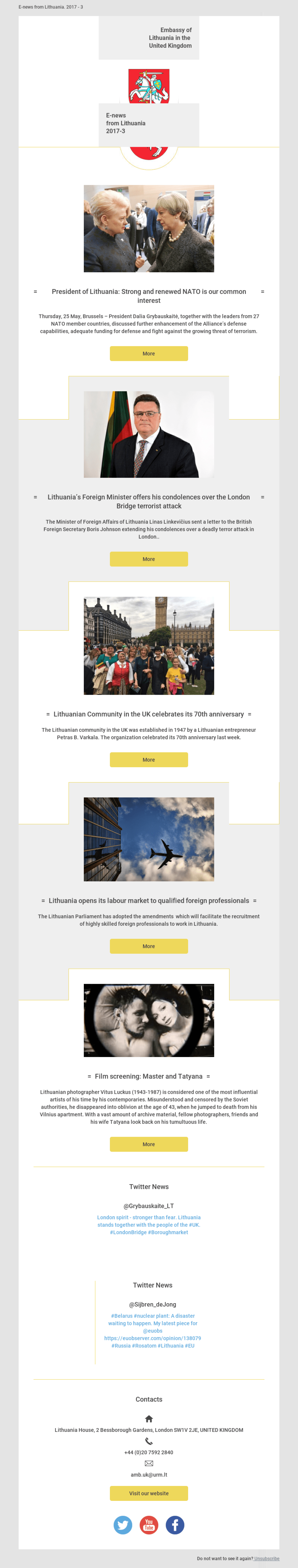 Embassy of Lithuania custom template przykład - Stworzony przy użyciu MailerLite