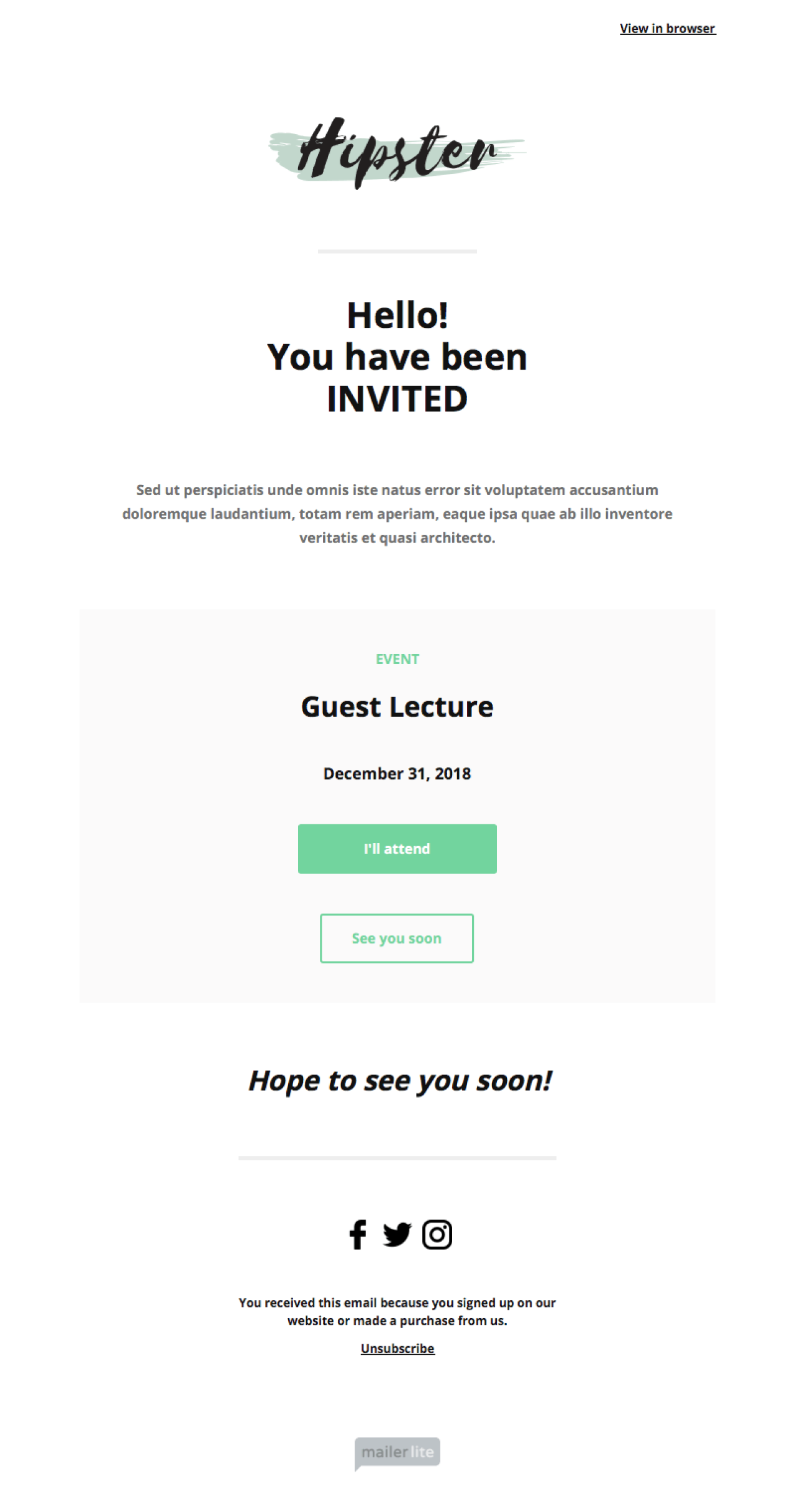 Event Announcement example - Made with MailerLite