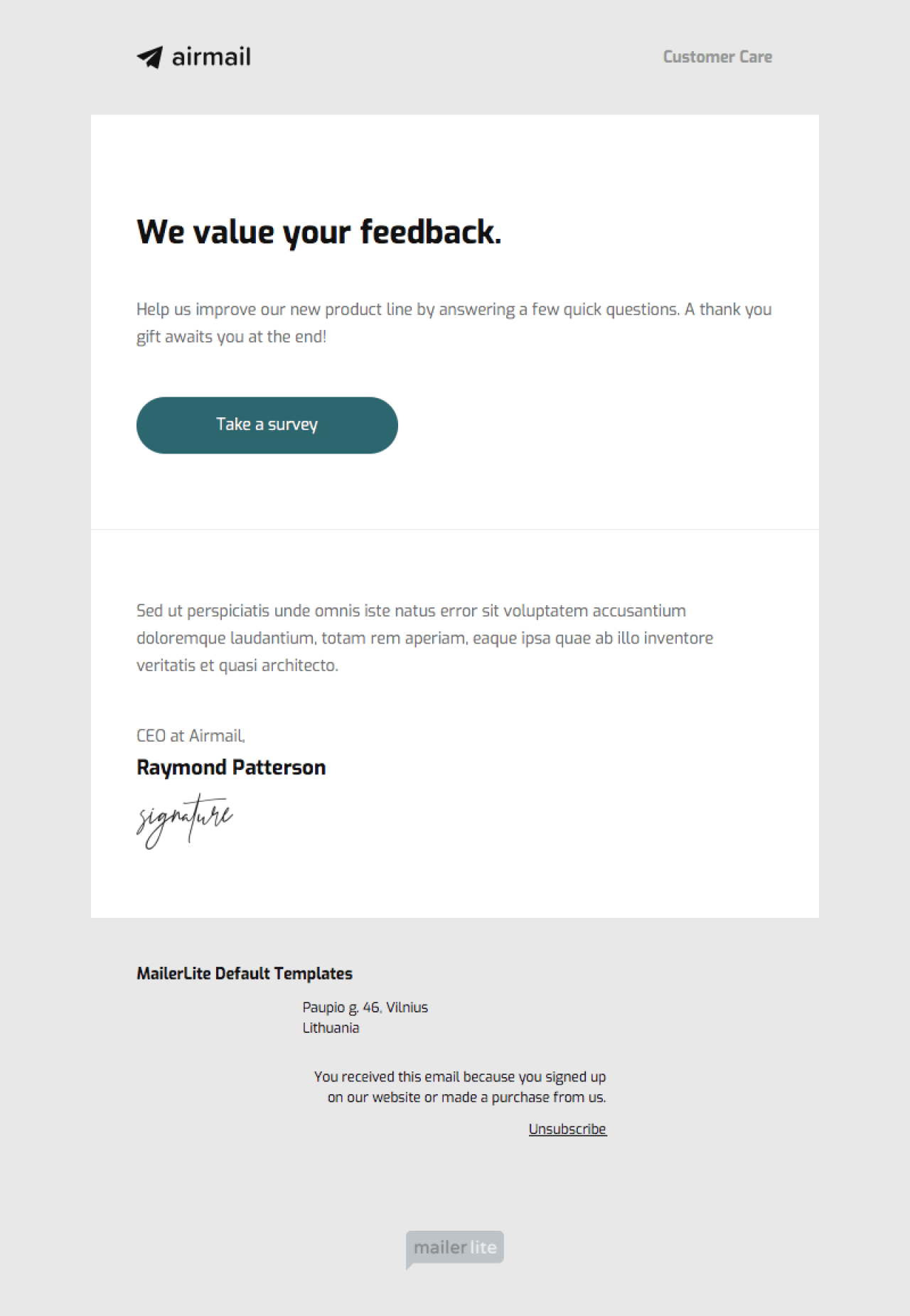 Feedback example - Made with MailerLite