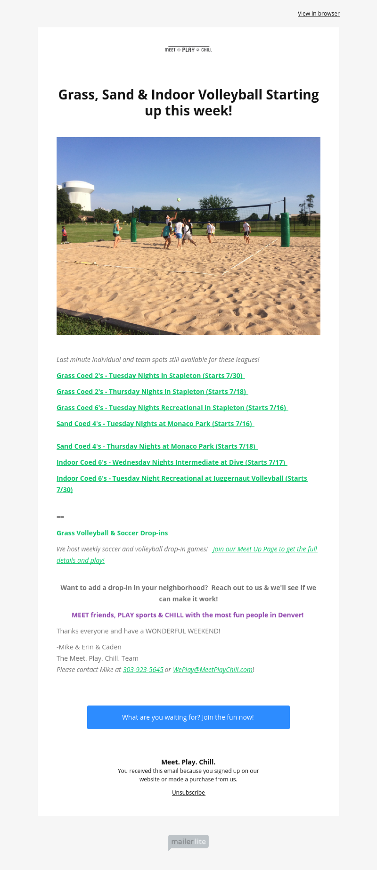 Meet. Play. Chill. example - Made with MailerLite