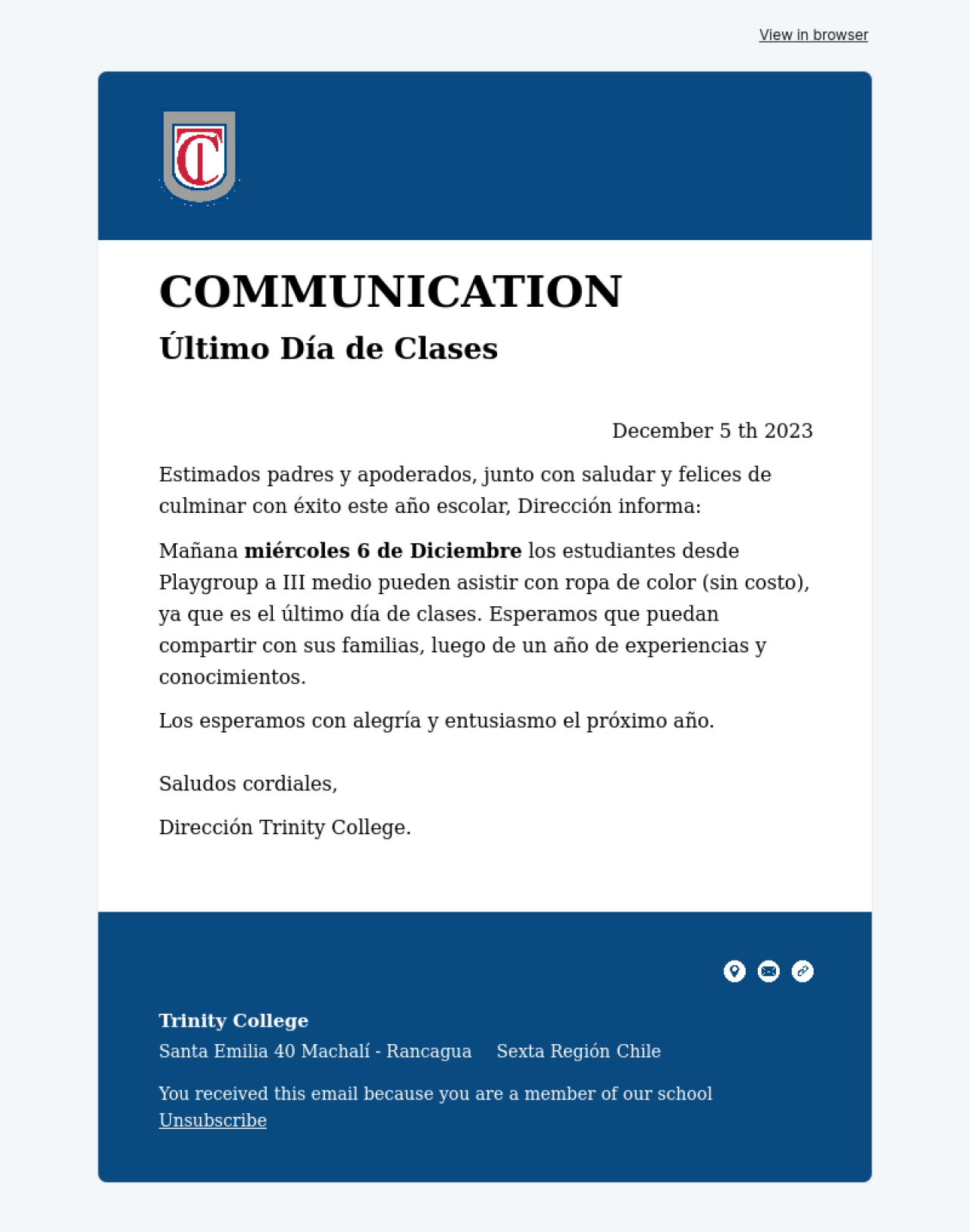 Trinity College ejemplo - Diseño de MailerLite