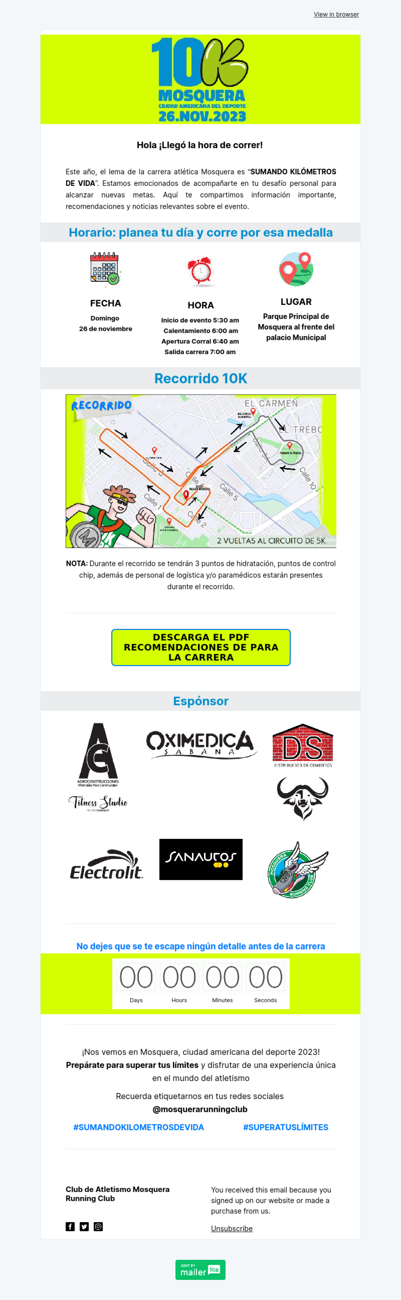 Mosquera Running Club ejemplo - Diseño de MailerLite