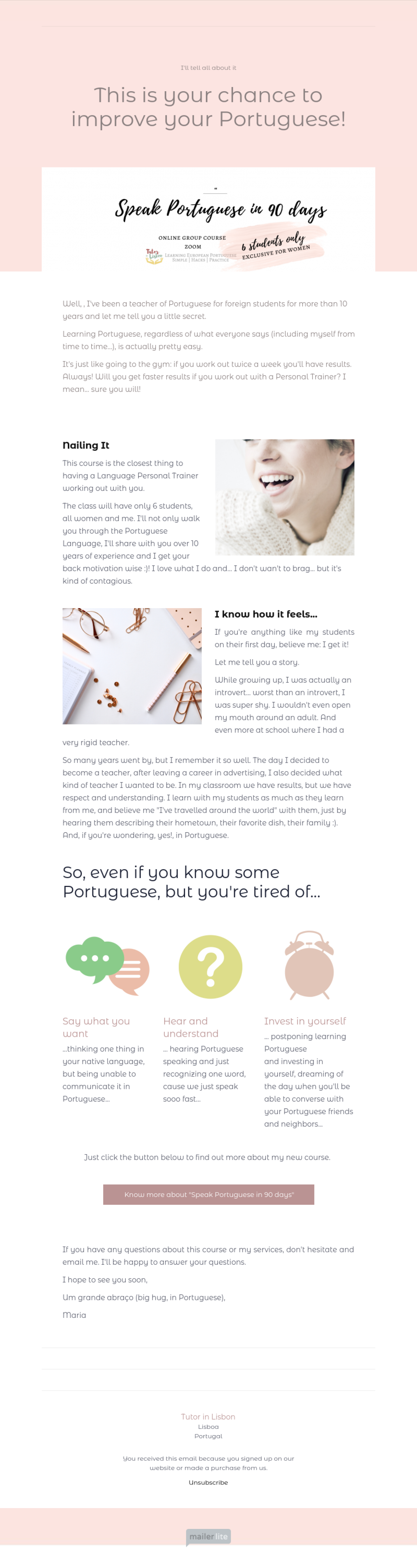 Tutor in Lisbon example - Made with MailerLite