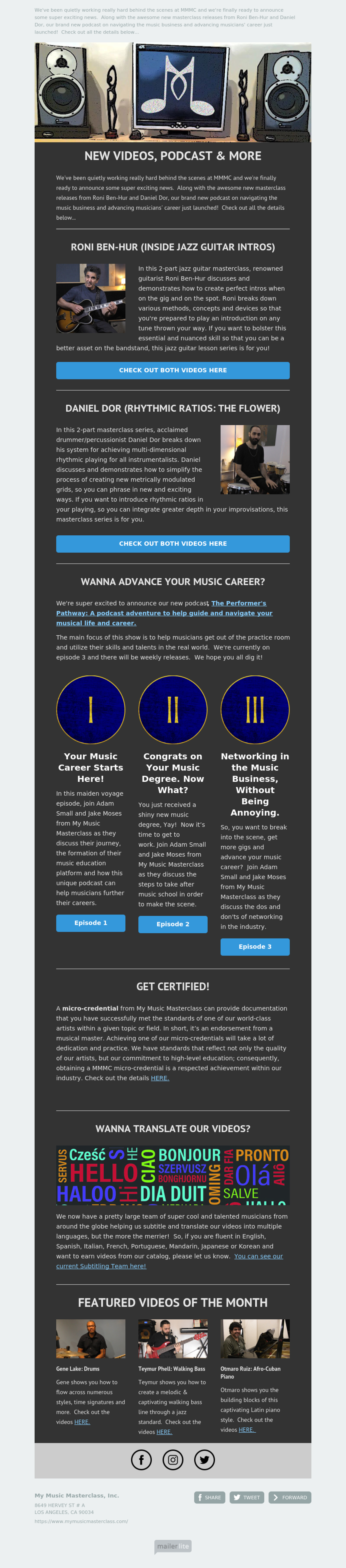 My Music Masterclass, Inc. example - Made with MailerLite
