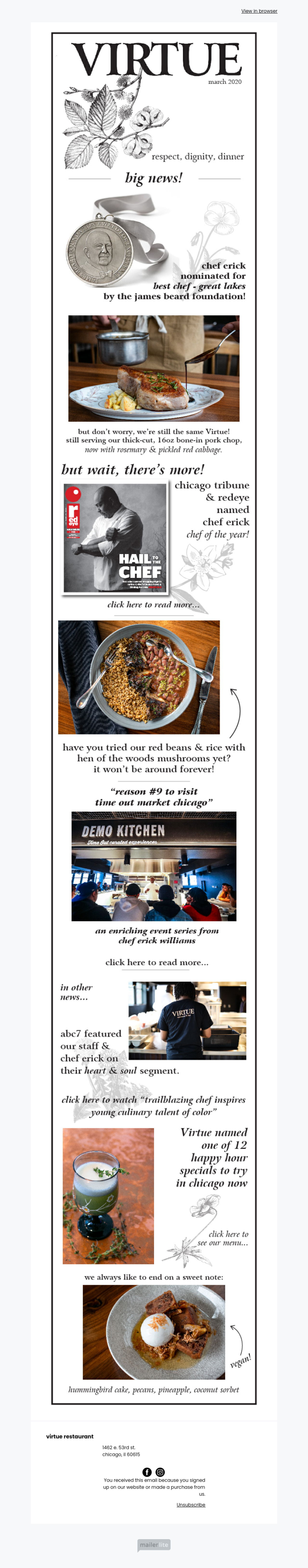Virtue Restaurant example - Made with MailerLite