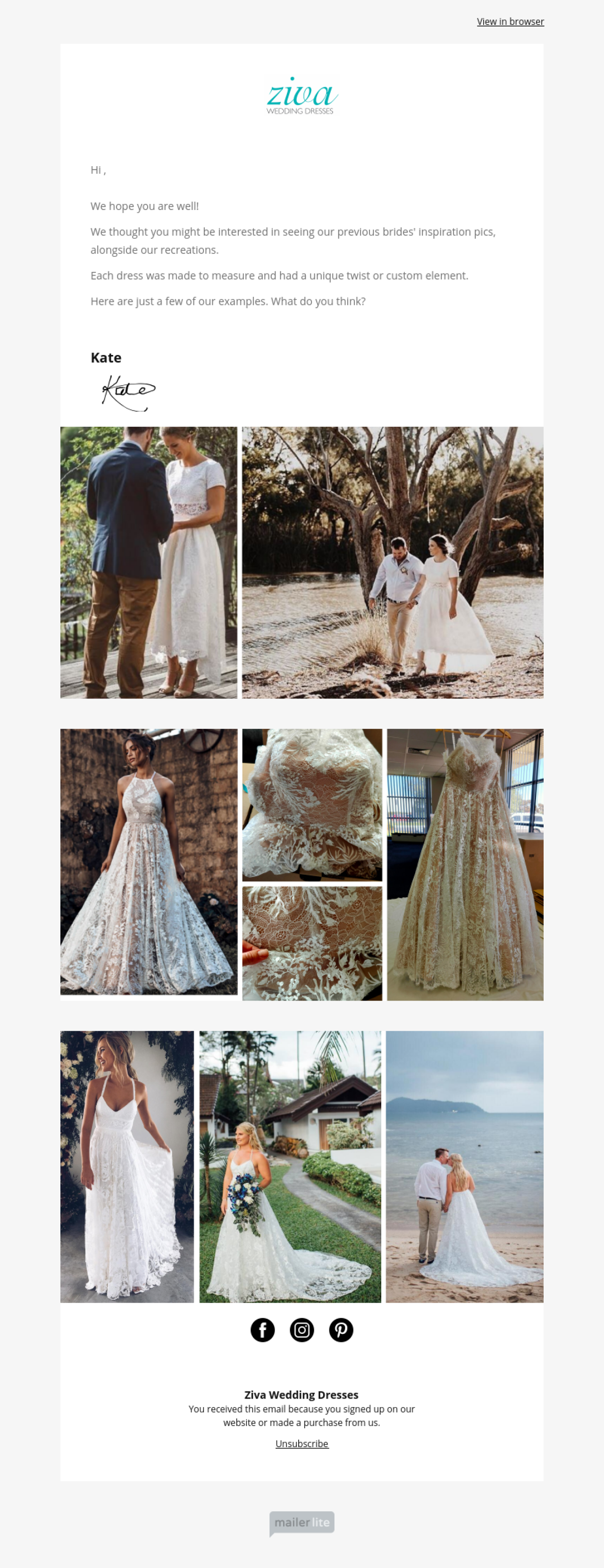 Ziva Wedding Dresses example - Made with MailerLite