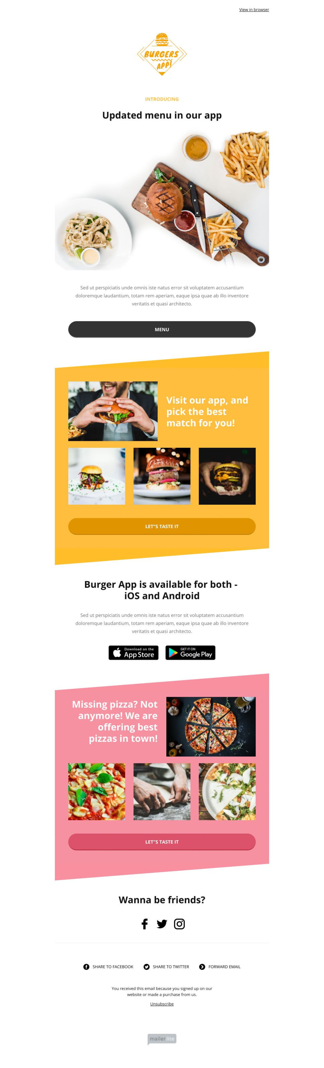 Food Menu App example - Made with MailerLite
