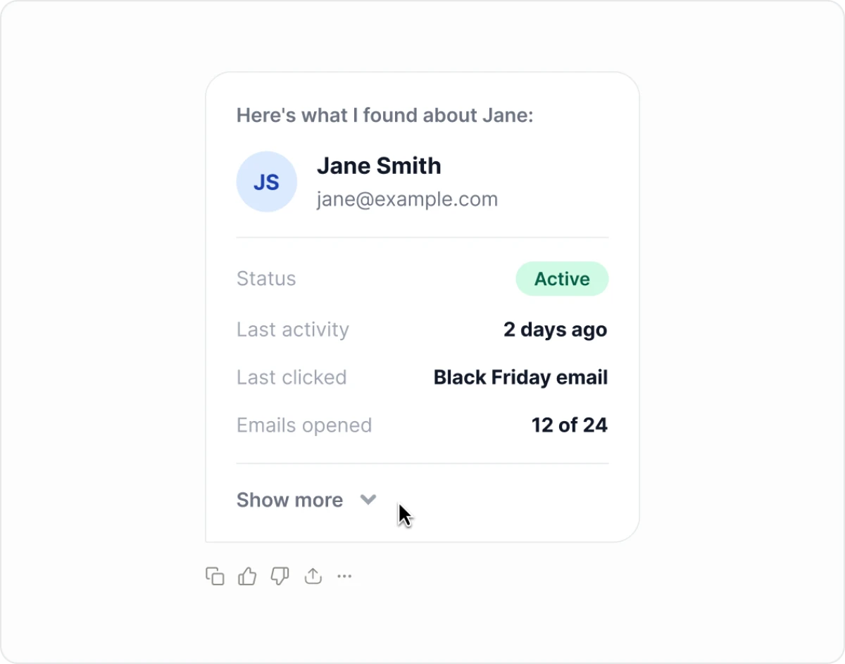 Show me everything about subscriber jane@example.com, including recent activity.