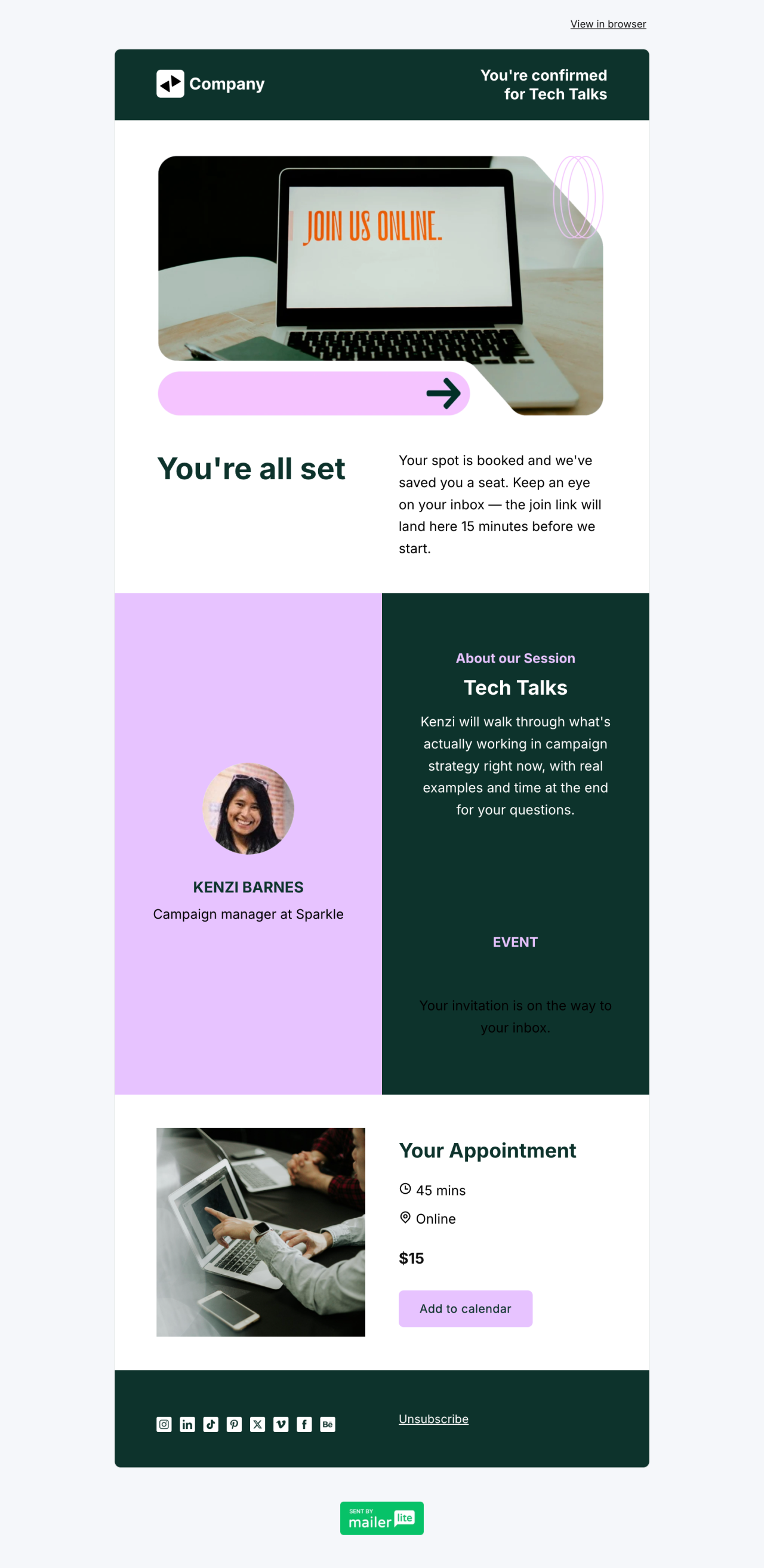 Appointment confirmation template - Made by MailerLite