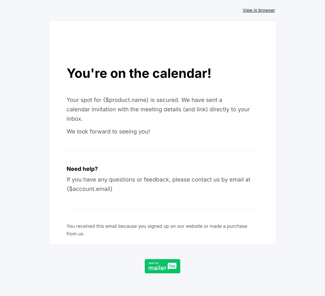 Booking confirmation template - Made by MailerLite