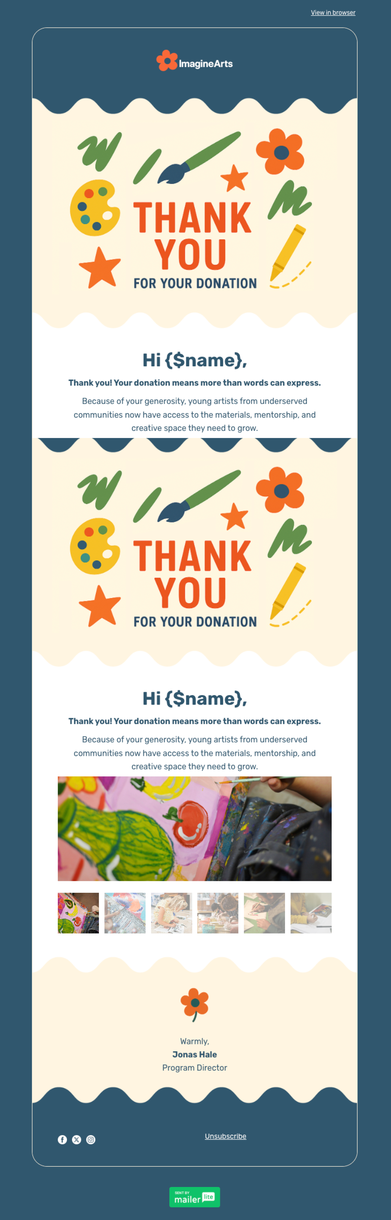 Donation thank you message template - Made by MailerLite