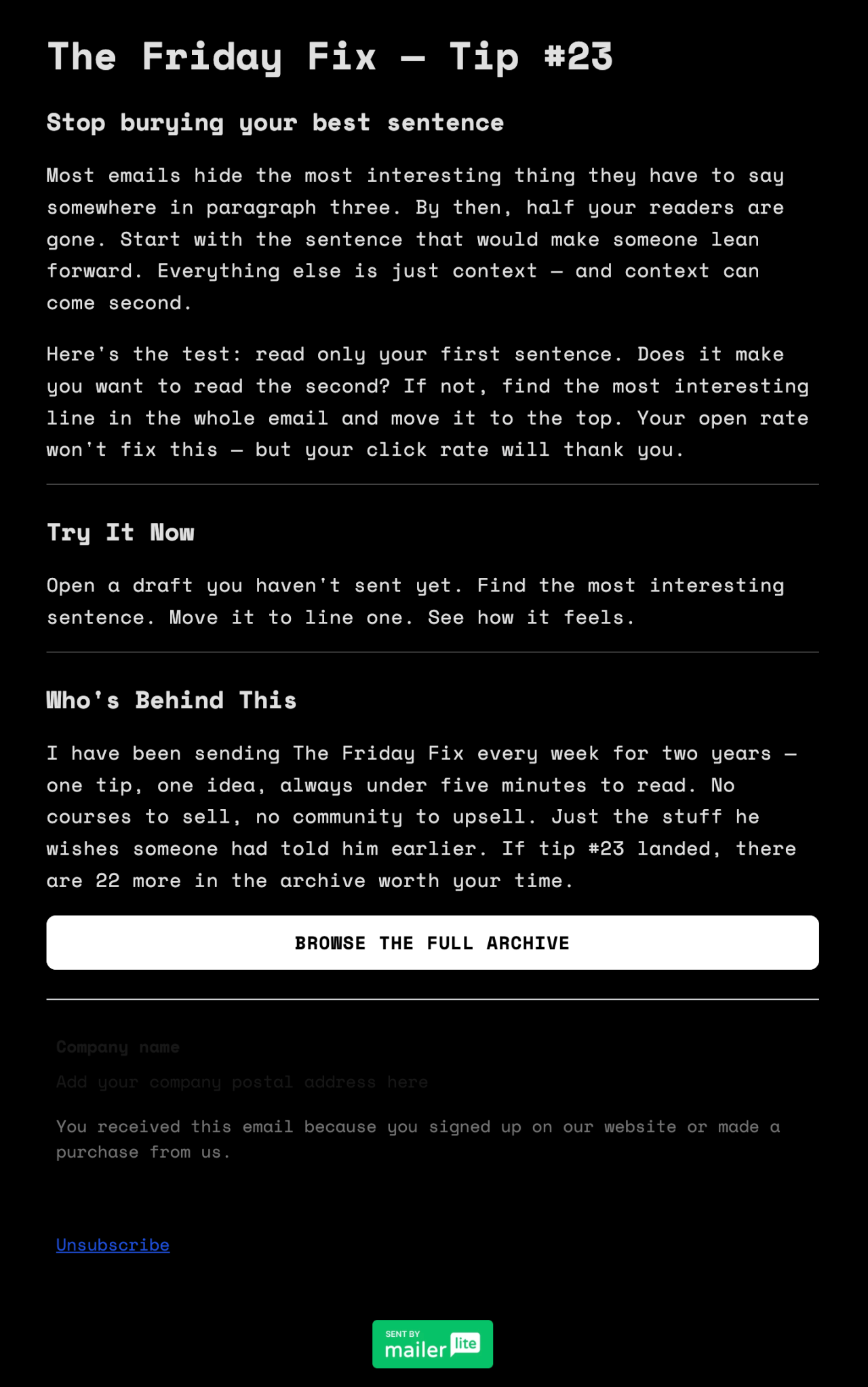 Weekly tip template - Made by MailerLite